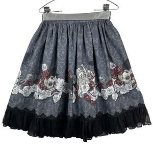 Cha Cha Gothic Skirt Large Roses Skulls Crows Satin Bow Ruffle Hem Alt Fashion